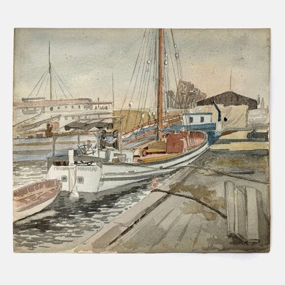 Antique 1902 Watercolor Painting - Montreal Harbor Boat Seascape - Picture 1 of 4